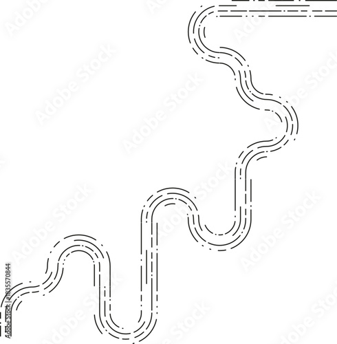 Element shows a meandering navigation path created by winding dashed segments that weave through irregular curves.