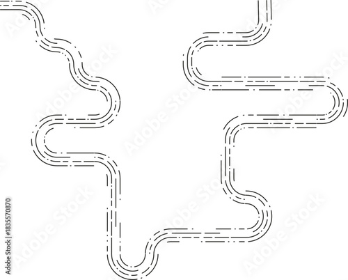 Element illustrates a path of linked dasheds joined into a continuous irregular wavy line with rhythmic curvature.
