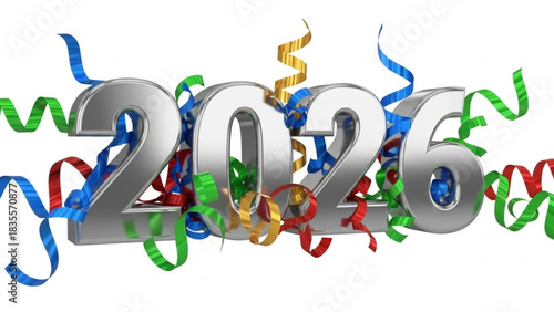 Shiny silver 3d numbers spelling out the year 2026 are surrounded by colorful swirling streamers and confetti against a clean white background