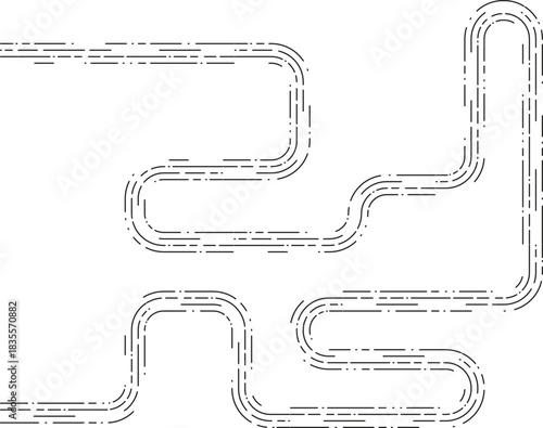 Element presents a path with cascading dasheds flowing in descending irregular curvature and forming a dynamic visual contour.