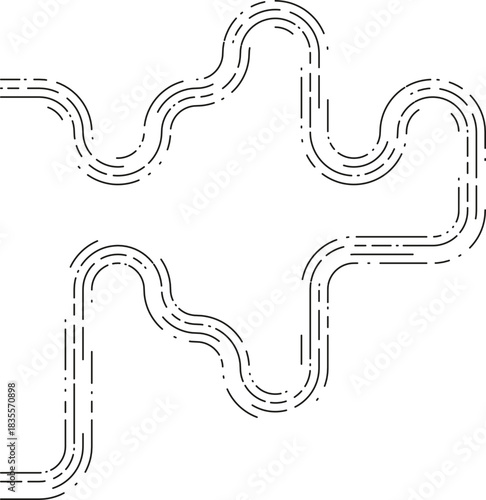 Element displays a progressive dashed cascade flowing in stepped irregular curves that form a gradual wavy contour.