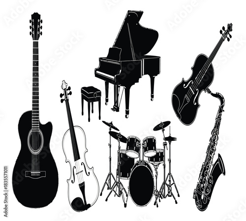 A collection of iconic musical instruments rendered as bold black silhouettes. Perfect for music-themed designs, educational materials, and artistic projects.