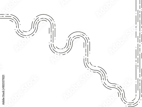 Element presents a vertical descent path shaped by downward cascading dashed segments following an irregular flowing curve.