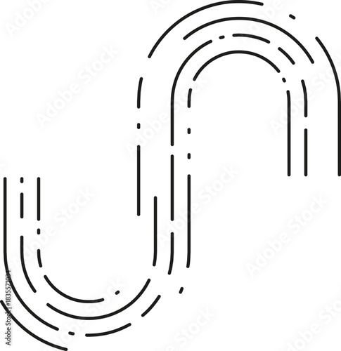 Element depicts a wavy direction line composed of smoothly flowing dashed segments arranged in an irregular curve pattern.