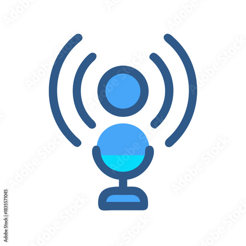Blue microphone illustration with broadcast waves on a black backdrop