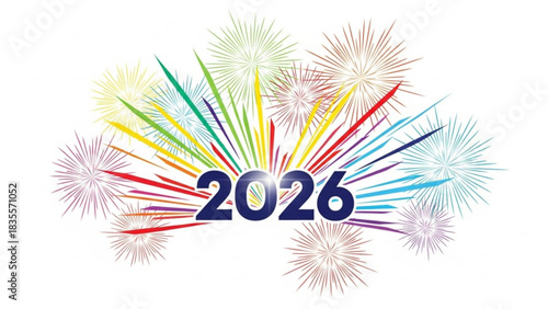 Vibrant colorful fireworks explode around the year 2026 celebrating the upcoming new year with a festive and bright display of light and joy