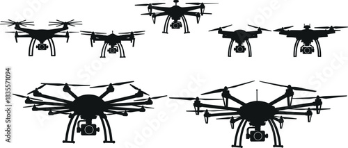 Advanced Drone Quadcopter Silhouette Set, Remote Controlled Flying Devices with Camera for Aerial Photography, Technology, and Delivery Services Vector Graphic Design Isolated.