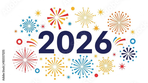 Celebrate the arrival of the year 2026 with a vibrant display of colorful fireworks and celebratory elements against a clean white background