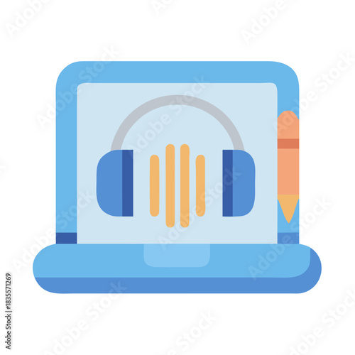 Digital audio workstation concept: Laptop, headphones, sound wave, and graphic pencil icon