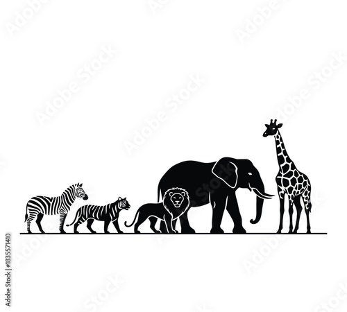 A captivating vector illustration showcasing a diverse collection of wild animal silhouettes: zebra, tiger, lion, elephant, and giraffe lined up.