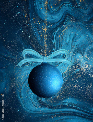 Blue Christmas ball with festive ribbon on winter background.