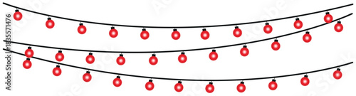 A festive arrangement of three strands of red christmas lights hanging against a white background space , glowing holiday lights garland bulbs, twinkling fairy lights glow
