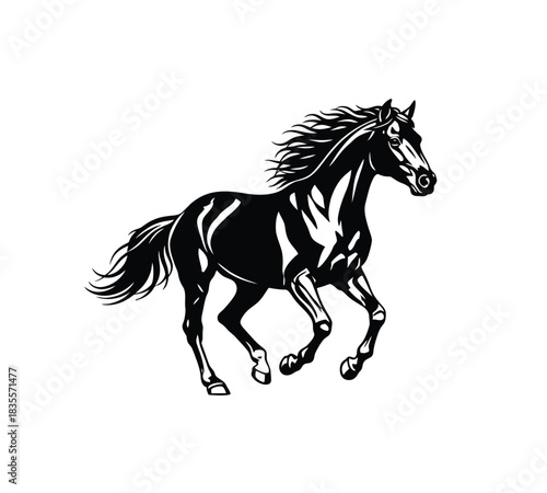 Striking black vector illustration of a powerful horse in full gallop. Its mane and tail flow dynamically, capturing movement, speed, and freedom. Ideal for various design projects.