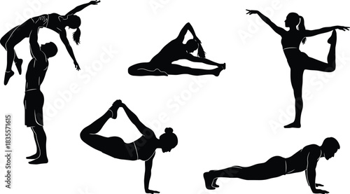 High Energy Cheerleader Silhouette Collection, Female Figures Performing Jumps, Splits, Kicks, and Pom-Pom Routines for School Sport, Competition, and Team Spirit Vector Isolated.
