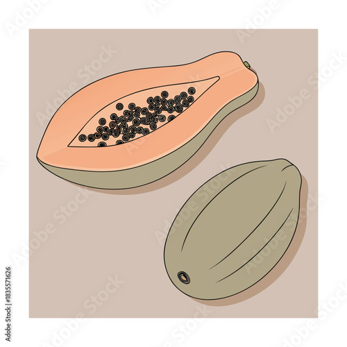 Illustration of two papayas, one whole and one cut in half revealing the orange flesh and black seeds, against a plain background