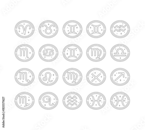Detailed set of 12 astrological zodiac symbols in modern line art style. Ideal for horoscopes, mystic themes, cosmic designs, and digital content creation.