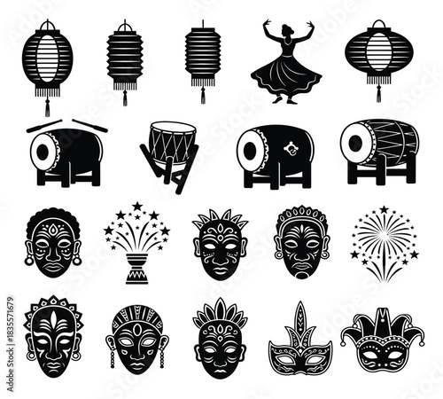 Collection of diverse cultural and festive icons including Asian lanterns, African masks, traditional drums, a dancer, and fireworks. Ideal for global celebration, events, and traditions.