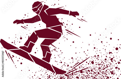 Abstract Geometric Snowboarder Silhouette Jumping in Dynamic Action Pose, Creating Powder Snow Spray, Representing Extreme Winter Sport and Adrenaline.