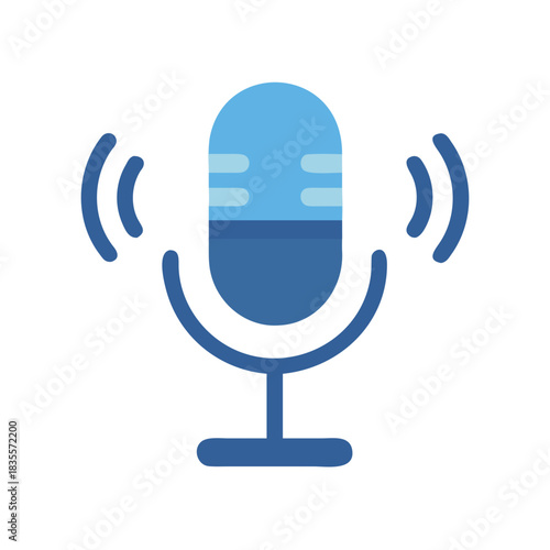 Blue microphone with sound waves illustration on black background, minimalist style