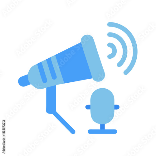 Blue cartoon megaphone and microphone on black background ideal for audio marketing
