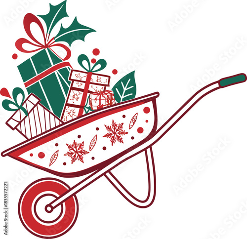 Christmas Wheelbarrow Silhouette Vector.