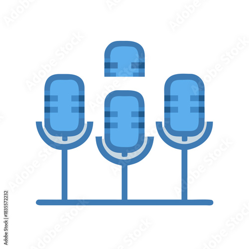 Three blue microphones icon illustration arranged with one positioned above central stage