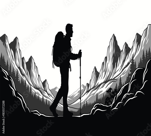 Dynamic vector art depicts a person embarking on an outdoor journey through a serene mountain landscape, capturing the essence of adventure, exploration, and the beauty of nature's vastness.