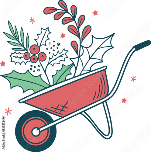 Christmas Wheelbarrow Silhouette Vector.