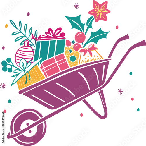 Christmas Wheelbarrow Silhouette Vector.