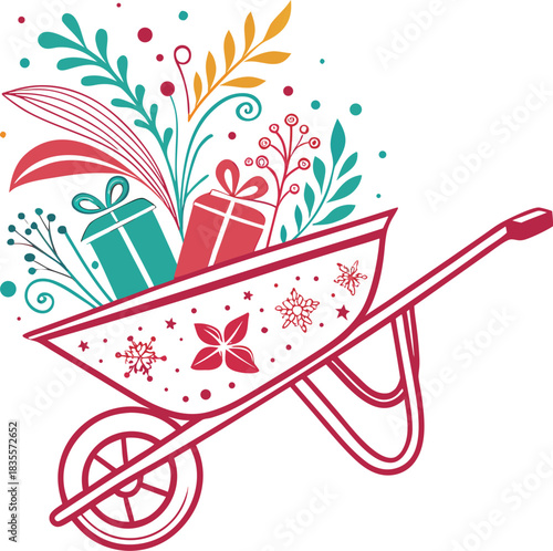 Christmas Wheelbarrow Silhouette Vector.