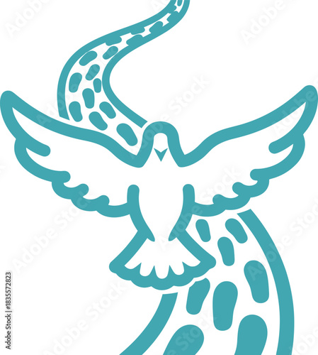 Symbolic dove of peace taking flight ascending from a flowing river representing spiritual journey and divine grace in a clean minimalist design isolated on white background