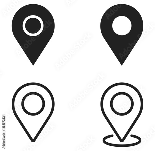 Map Pin Icon Set, location marker symbols for web design, apps, and UI, GPS navigator pointers, destination position signs, vector map point labels, travel and navigation markers, map interface 