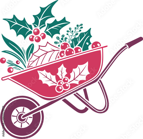 Christmas Wheelbarrow Silhouette Vector.