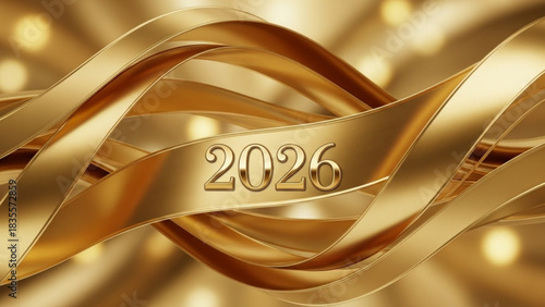Elegant golden ribbons intertwine to form a luxurious abstract background with the year 2026 prominently displayed symbolizing celebration and prosperity for the upcoming new year