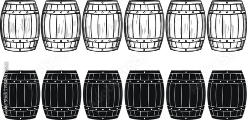 Wooden Barrel Line Art Silhouette Collection Set of Oak Casks Design Flat Vector Illustration Brewery Winery Print Sticker CAD Drawing Graphic.
