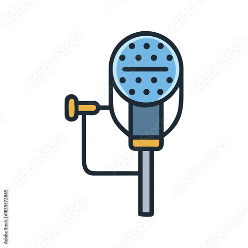 Retro broadcast microphone illustration featuring blue and yellow hues on black backdrop