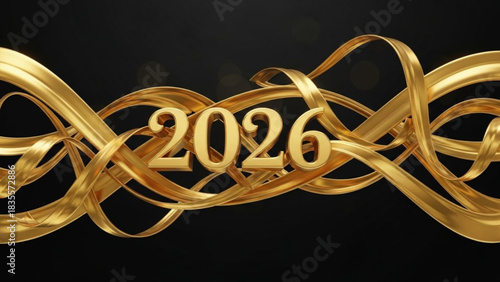 Elegant golden ribbons weave around the year 2026 in a luxurious and celebratory design against a dark background