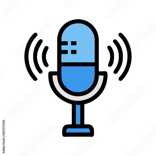 Minimalist light blue microphone icon isolated on a black background for broadcast
