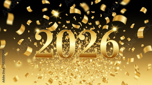 Golden 2026 numerals shimmer and sparkle amidst a cascade of falling confetti and bokeh lights celebrating the new year with luxury and festivity