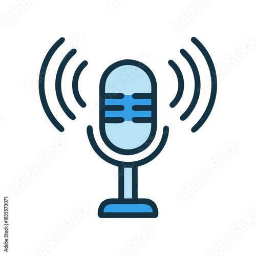 Illustration of a microphone broadcasting radio waves on black background.