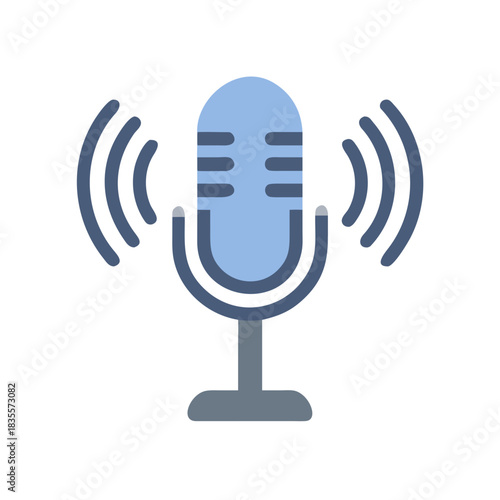 Blue microphone with sound waves emitting on a black background for podcasting