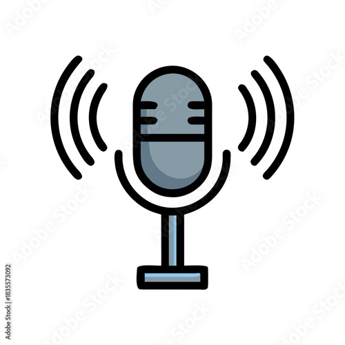 A flat style vector illustration of a grey studio microphone on black background