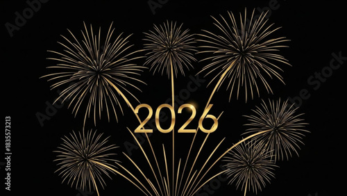 Golden fireworks illuminate the night sky with the year 2026 displayed prominently in a luxurious metallic font celebrating the upcoming new year