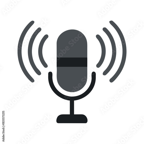 Stylized flat vector microphone with broadcasting waves on a black background