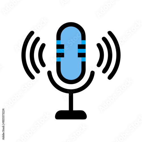 Simple blue microphone icon illustration on black background for podcasting graphic