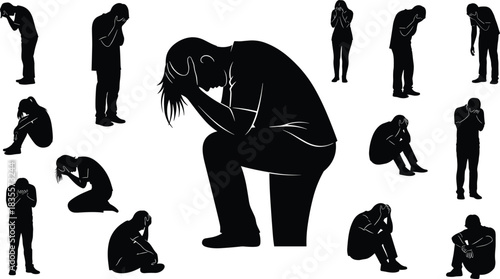 Vector Silhouette Collection of People Suffering from Depression, Stress, Anxiety, and Emotional Pain, Illustrated by Figures in Sad and Grieving Poses
