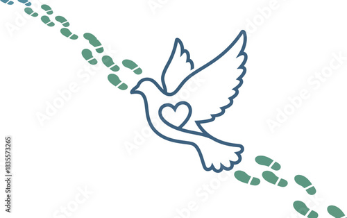 Symbolic dove with heart emblem flies above footprints representing journey spiritual path peace hope and transformation isolated on white background