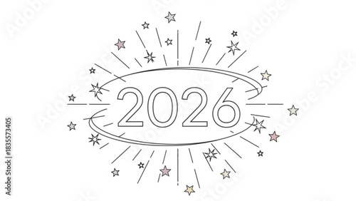 Celebrate the year 2026 with a burst of stars and a celebratory burst of light emanating from the number 2026