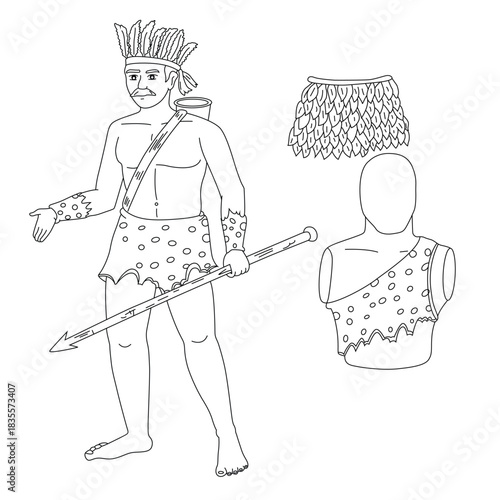 Cute cartoon hand drawn vector ancient man and his dress outline.