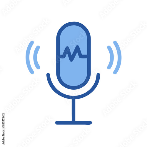 Retro microphone icon with sound waves, podcast or recording concept, flat illustration